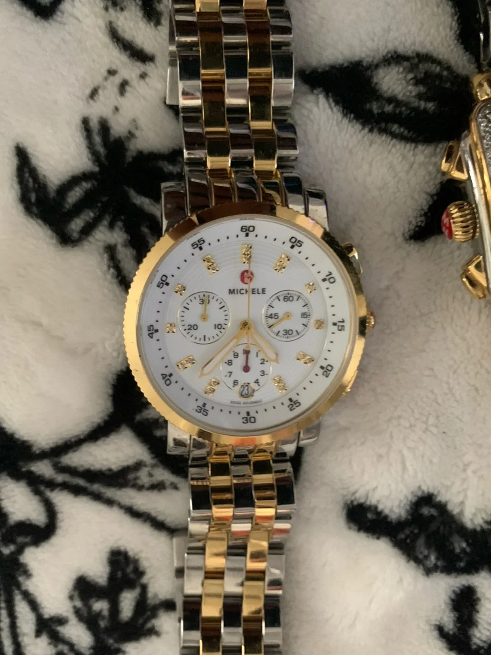 Michele Two-Tone Gold and Silver Chronograph Watch with White Dial